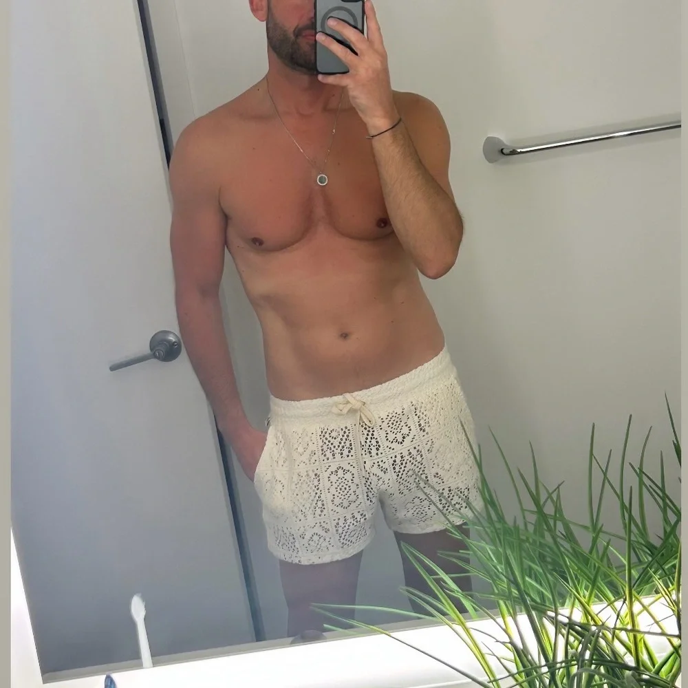 Andrew Christian | Sheer 4" Mykonos Beach Shorts in Ivory Lace (Medium) - Picture 16 of 16